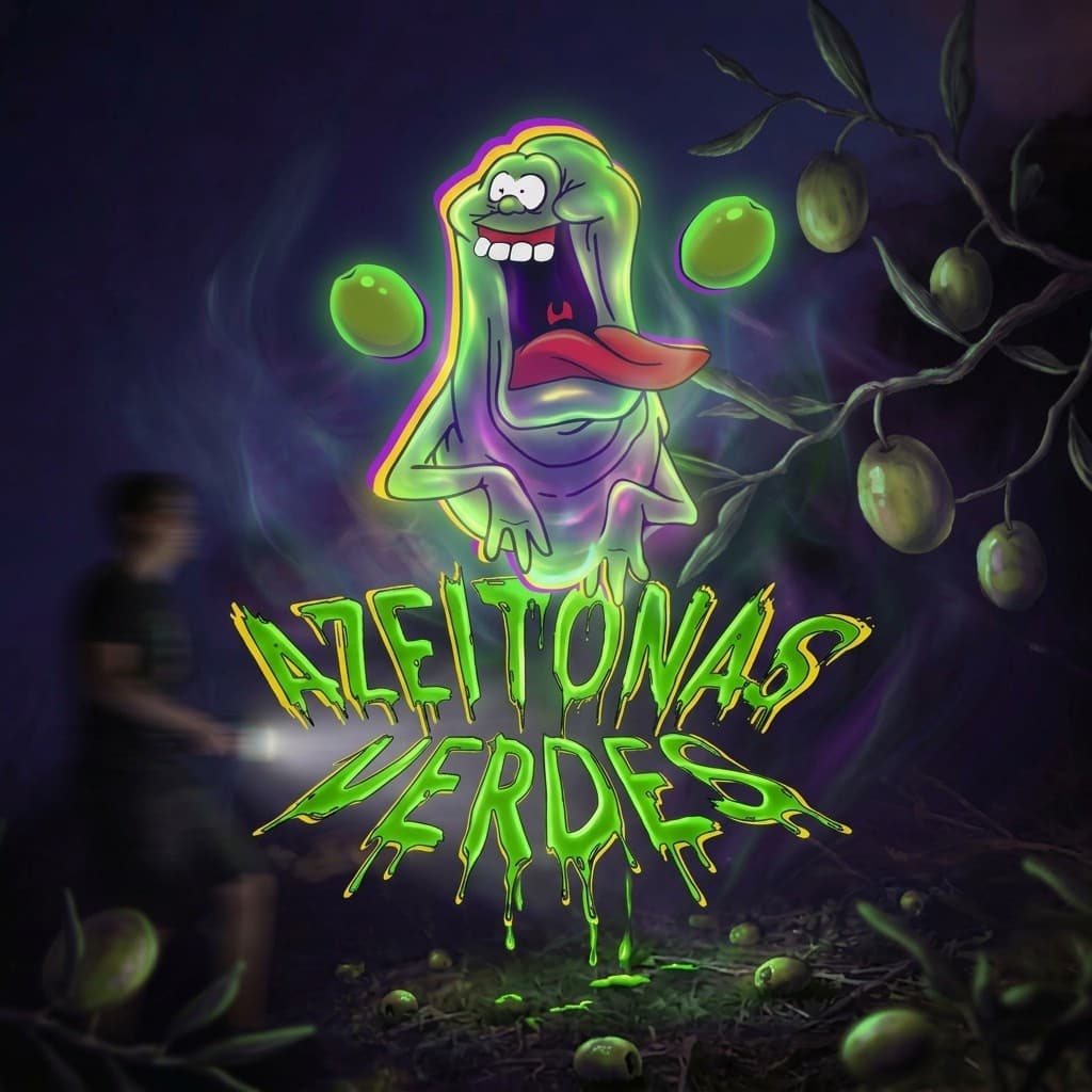 Arte do logotipo Azeitonas Verdes com letras escorrendo em verde e uma azeitona com rosto