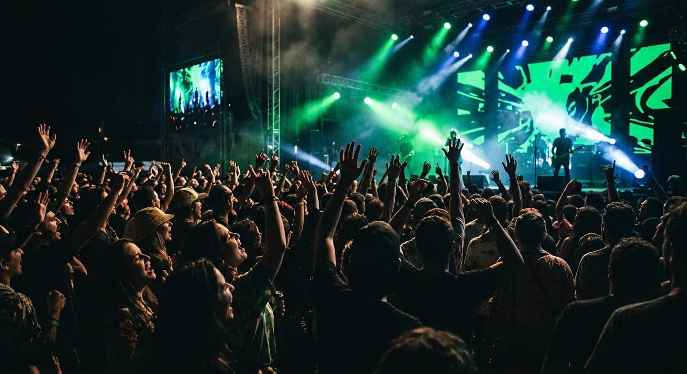 Show ao vivo com o público de braços erguidos diante de um palco iluminado por luzes verdes