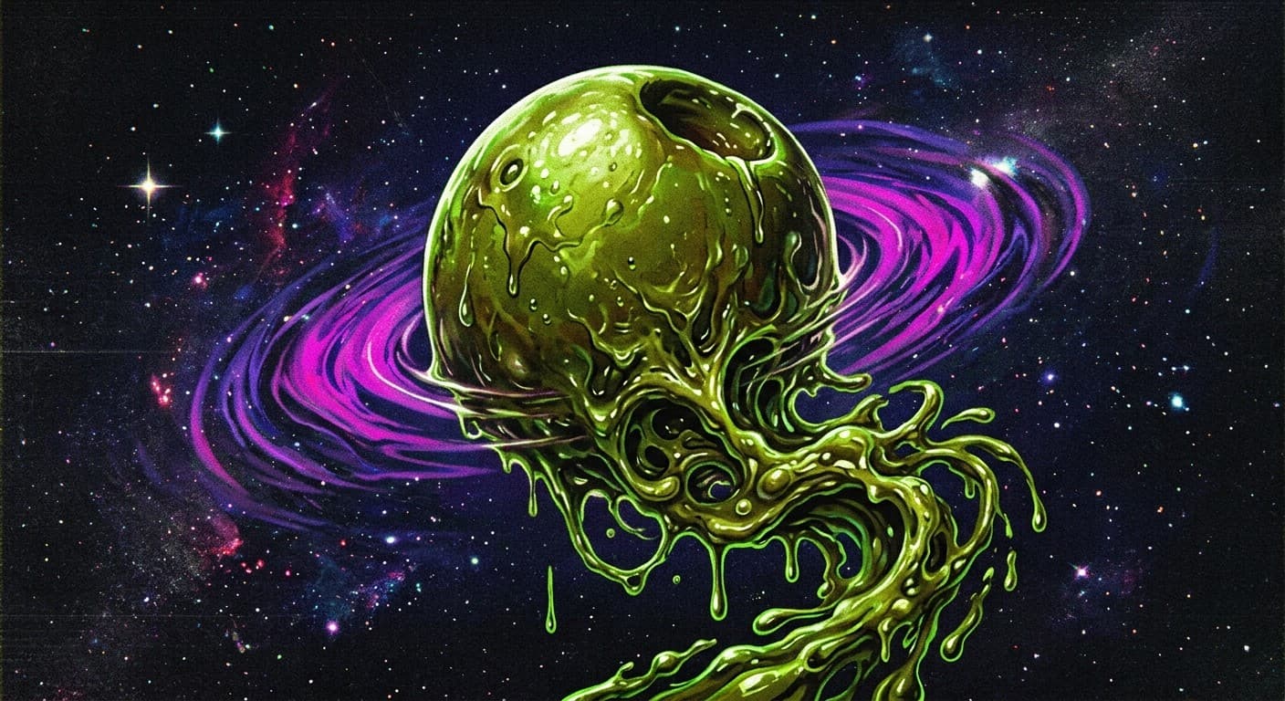 Ilustração de uma azeitona verde derretendo no espaço, cercada por anéis roxos